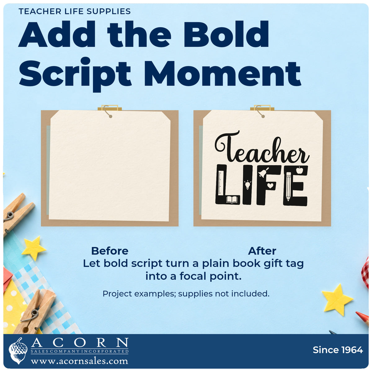 Before and after of a plain item finished with the Teacher Life Supplies Slim Pre-Inked Stamp, a quick upgrade for order insert seals.