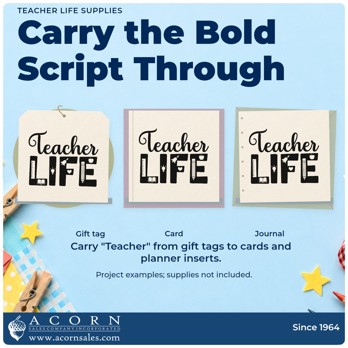 Three project examples made with the Self-Inking Teacher Life Supplies Stamp, including tumbler wrap labels.