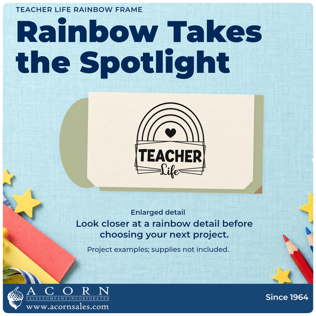 Enlarged detail of the Wood Handle Teacher Life Rainbow Framed Lettering Rubber Stamp imprint. A rainbow and solid heart top overlapping rectangular frames reading "Teacher life."