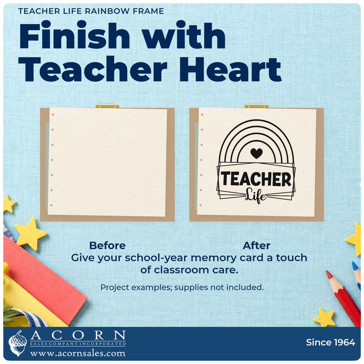 Before and after of a plain item finished with the Wood Handle Teacher Life Rainbow Framed Lettering Rubber Stamp, a quick upgrade for window cling seals.