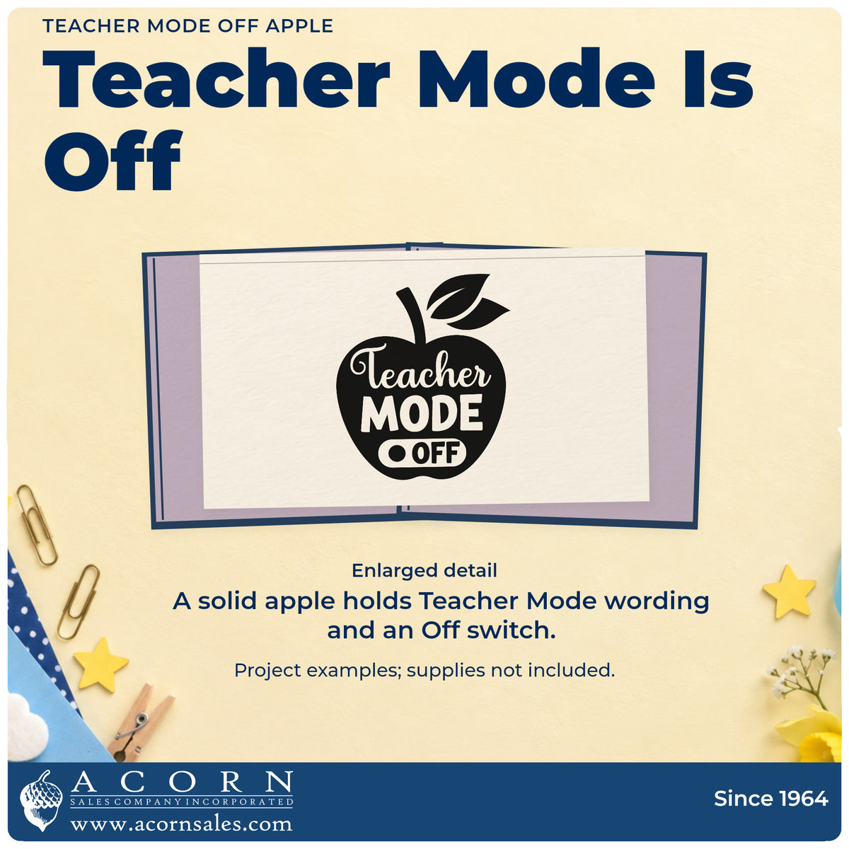 Enlarged detail of the Teacher Mode Off Apple Premium Wooden Stamp – Vintage Pro imprint. A solid apple contains "Teacher mode" and an off-switch symbol.