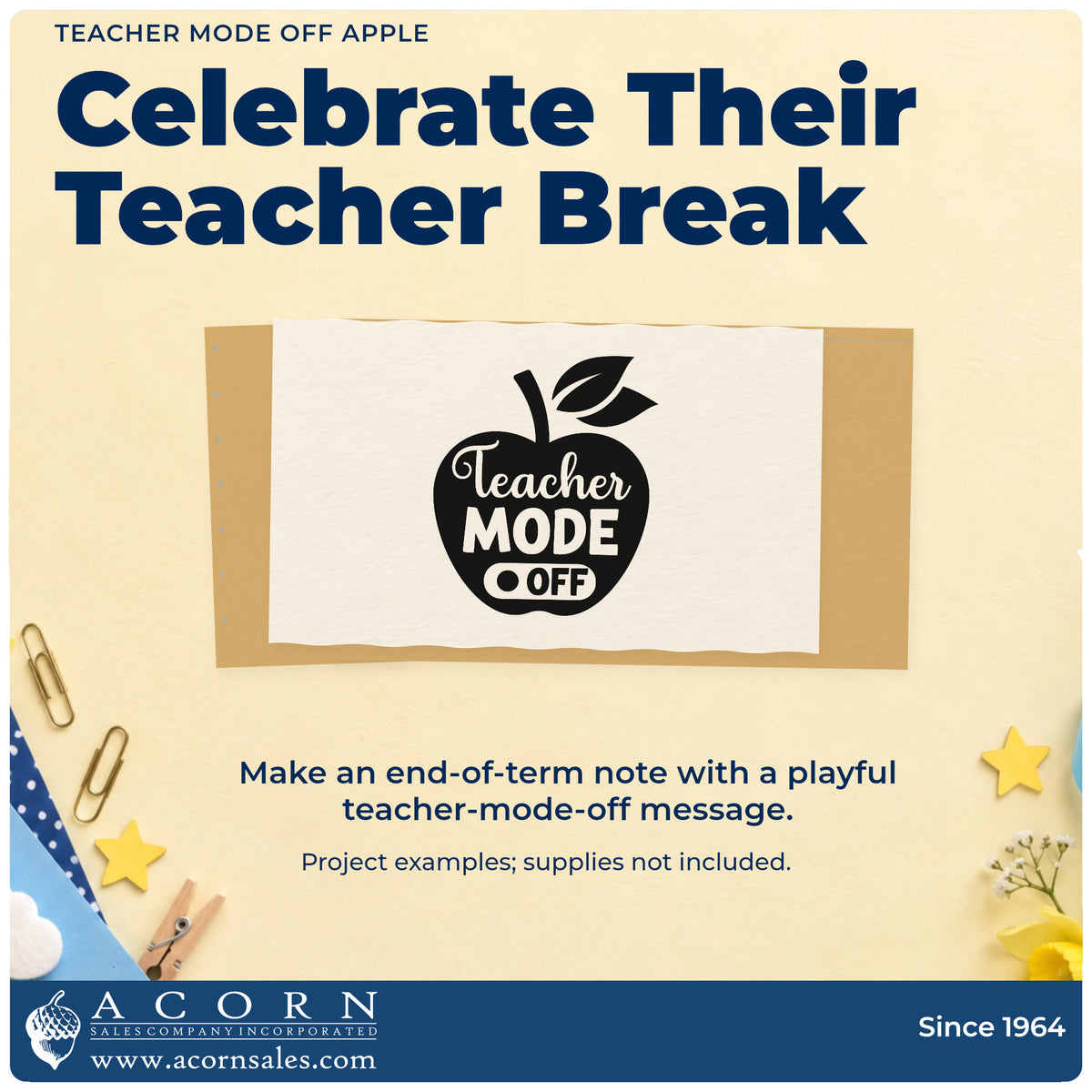 A finished handmade project stamped with the Teacher Mode Off Apple Stamp – PSI Pre-Inked, ideal for weekend plan tags.