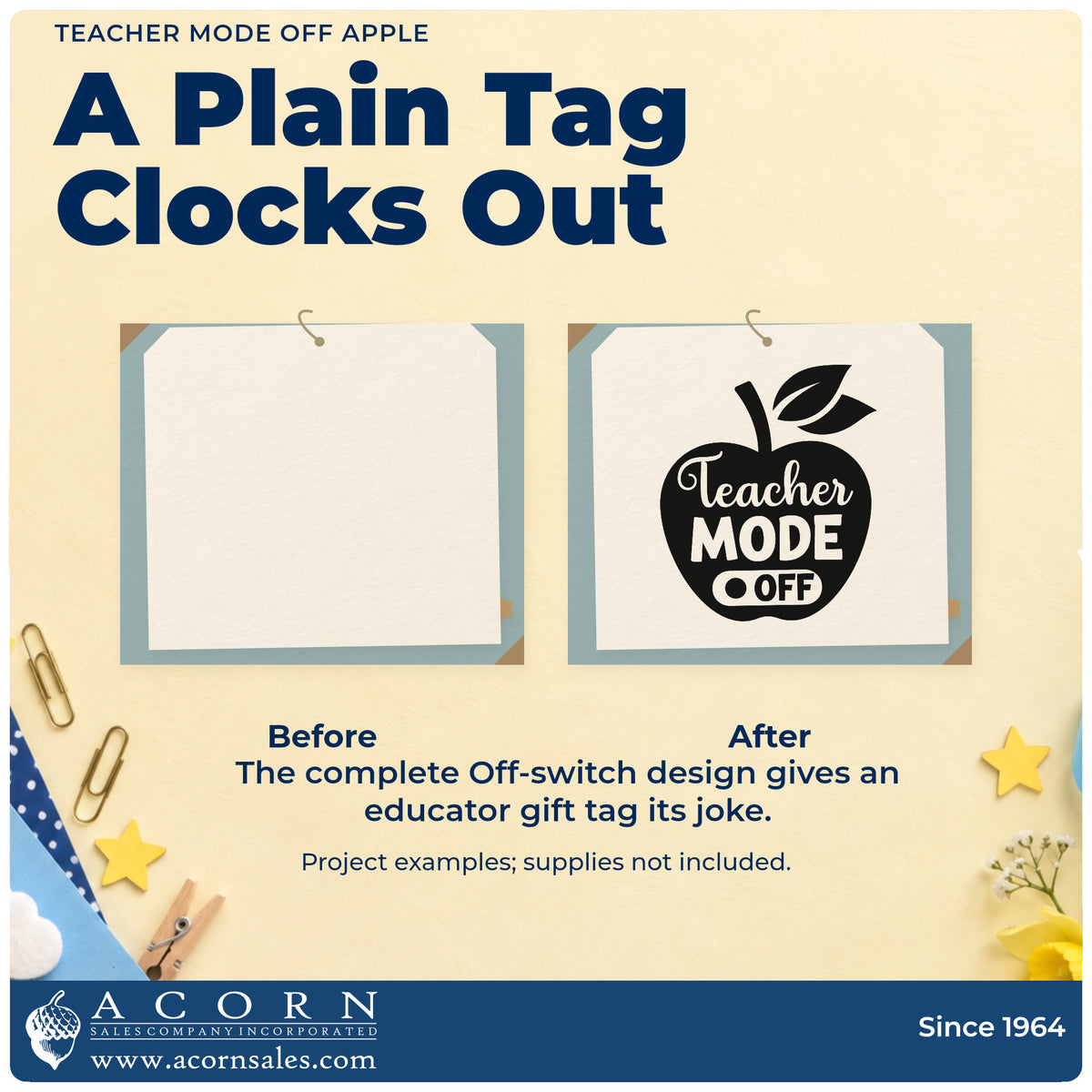 Before and after of a plain item finished with the Teacher Mode Off Apple Premium Wooden Stamp – Vintage Pro, a quick upgrade for door hanger seals.