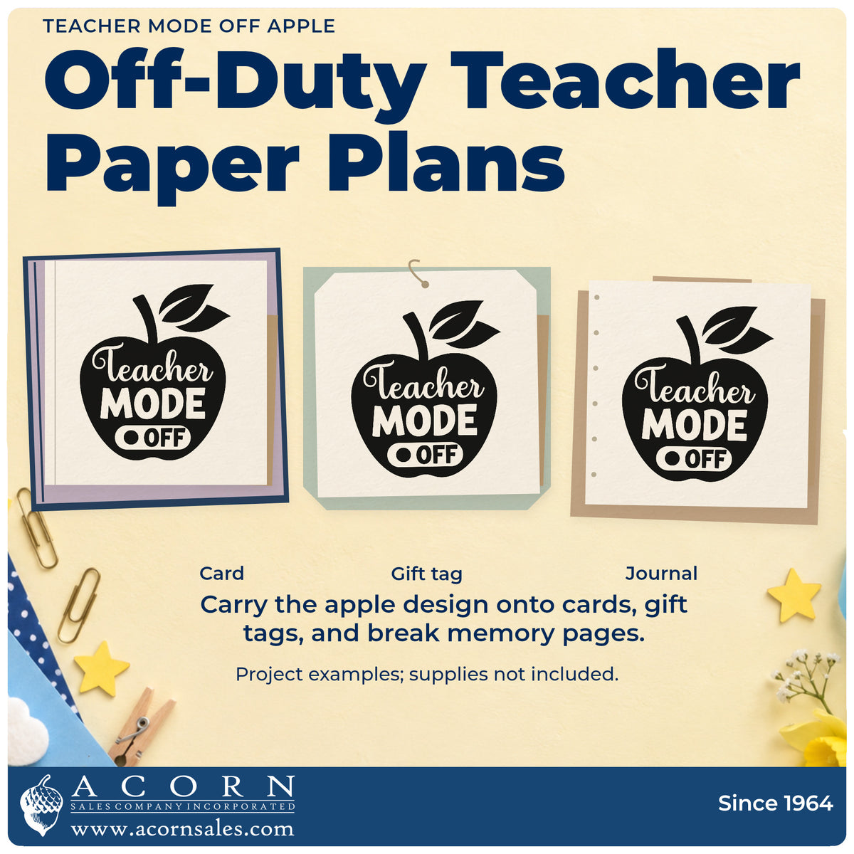 Three project examples made with the Teacher Mode Off Apple Wood Handle Stamp, including light plate labels.