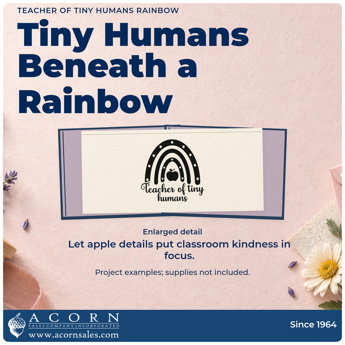 Enlarged detail of the Teacher Of Tiny Humans Rainbow Apple Stamp – Premium Vintage Pro Wooden imprint. A star-and-heart rainbow surrounds an apple above "Teacher of tiny humans."