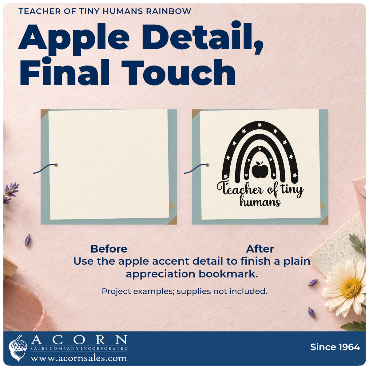 Before and after of a plain item finished with the Teacher Of Tiny Humans Rainbow Apple Stamp – Slim Pre-Inked, a quick upgrade for cubby hook seals.