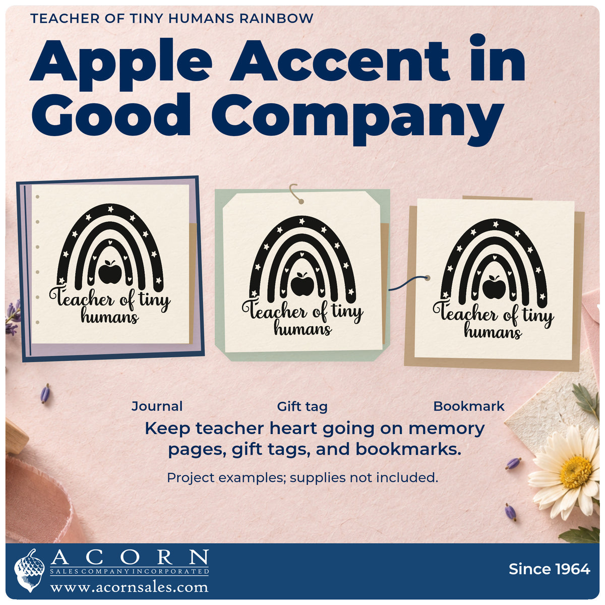 Three project examples made with the Teacher Of Tiny Humans Rainbow Apple Hand Stamp – Duo, including snack tray labels.