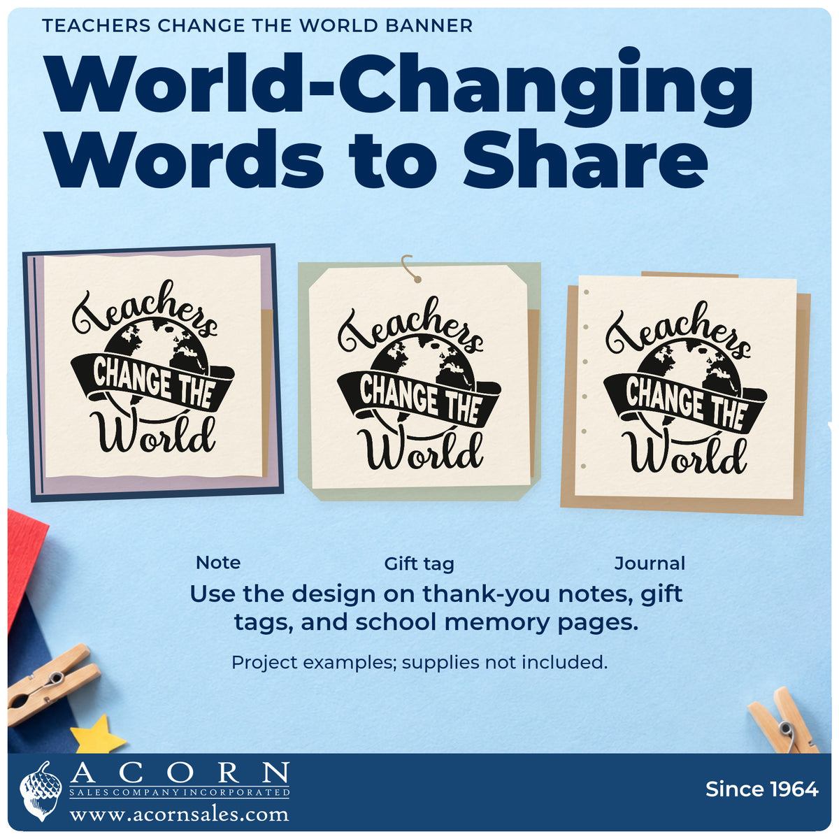 Three project examples made with the Teachers Change The World Banner Premium Wood-Mounted Stamp – Vintage Pro, including passport case labels.