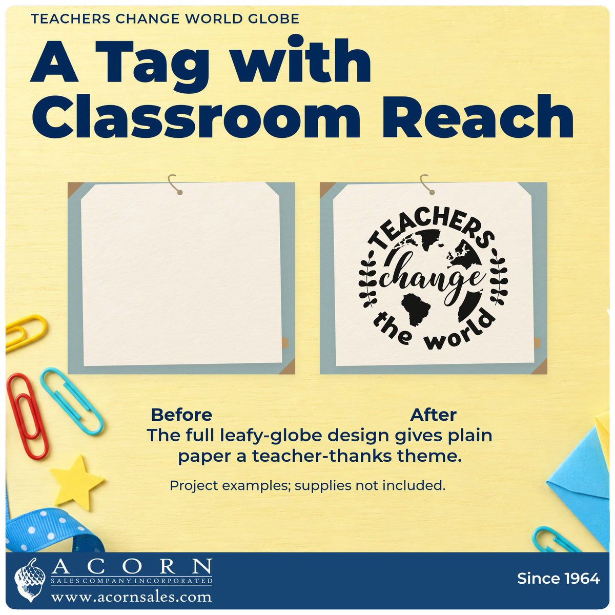 Before and after of a plain item finished with the Teachers Change World Globe Botanical Sprig Pre-Inked Stamp – Slim, a quick upgrade for earth day seals.