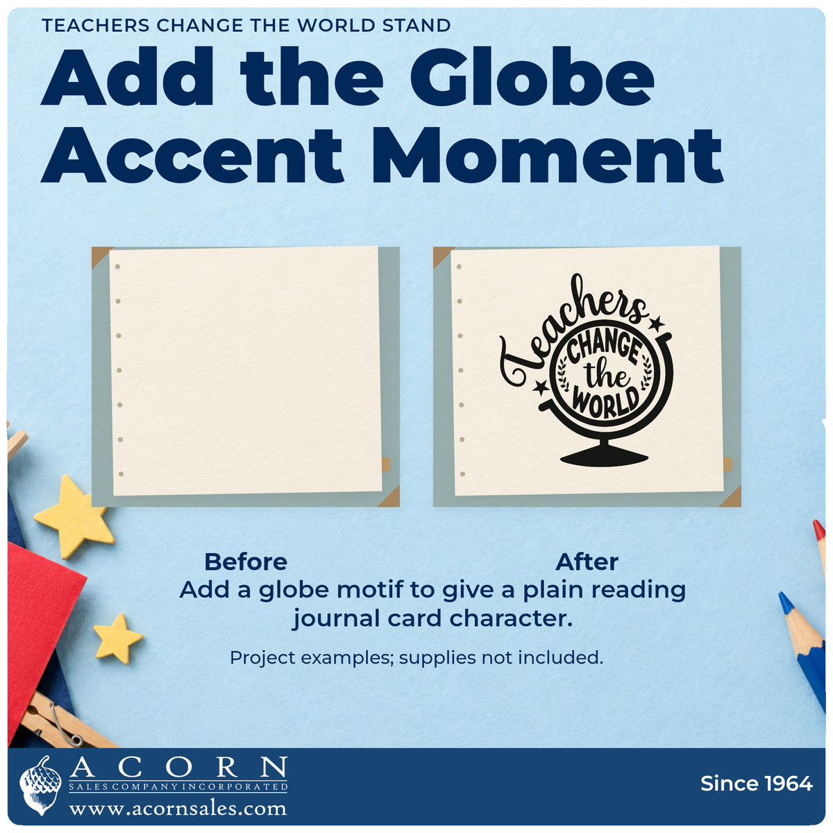 Before and after of a plain item finished with the Teachers Change The World Stand Self-Inking Stamp, a quick upgrade for certificate seals.