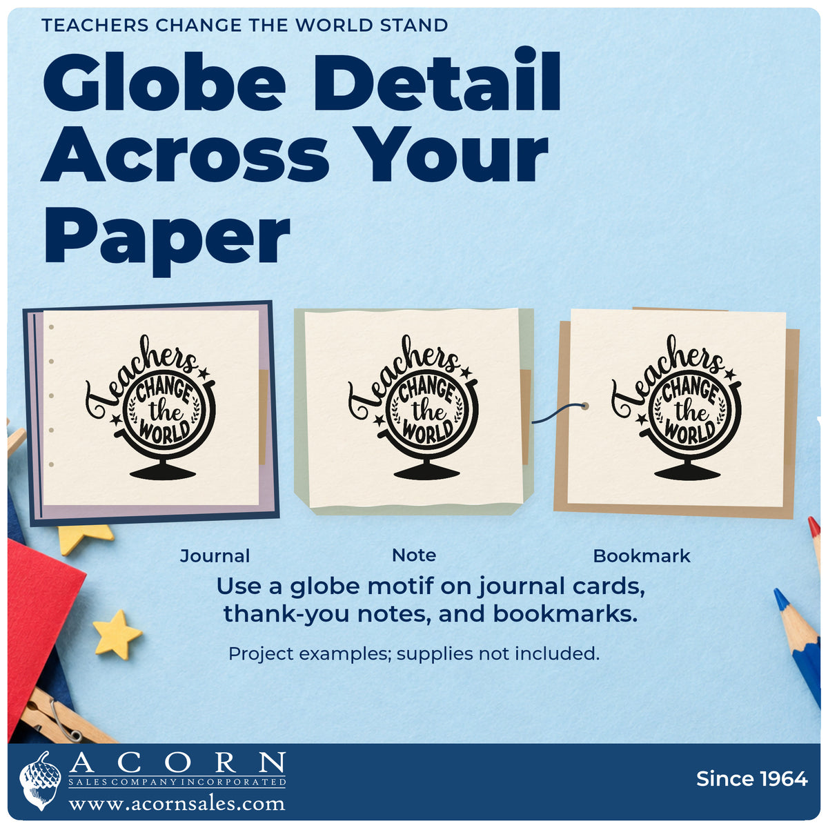 Three project examples made with the Teachers Change The World Stand Self-Inking Stamp, including engraving plate labels.
