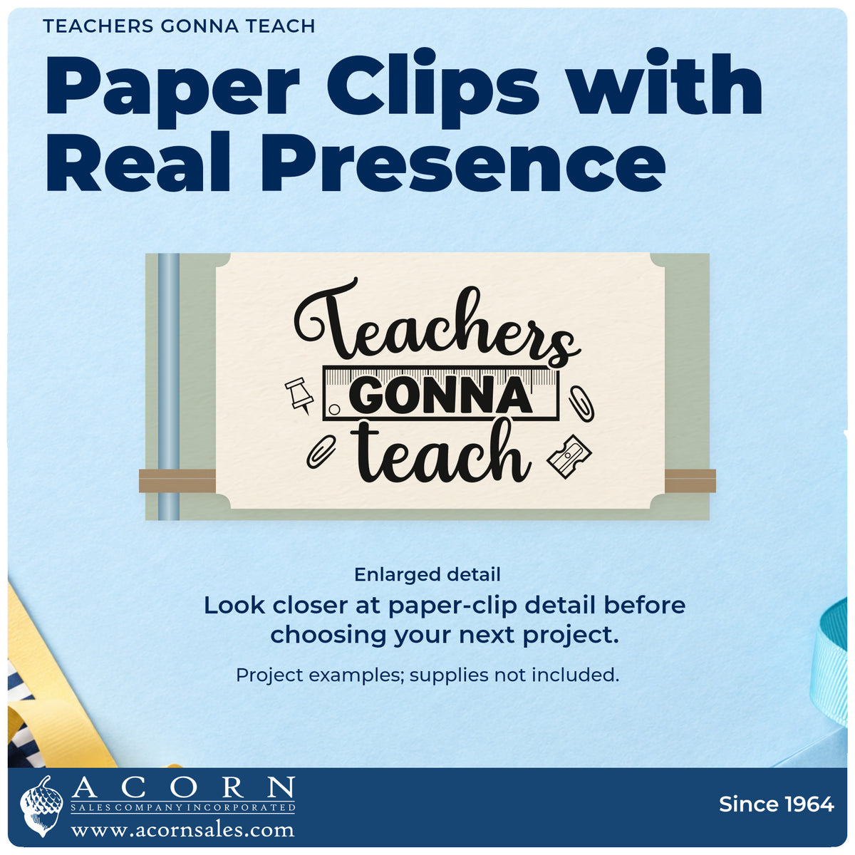 Enlarged detail of the Teachers Gonna Teach Frame Accent Stamp – Self-Inking imprint. A framed "Gonna" sits between "Teachers" and "Teach," surrounded by paper clips and binder clips.