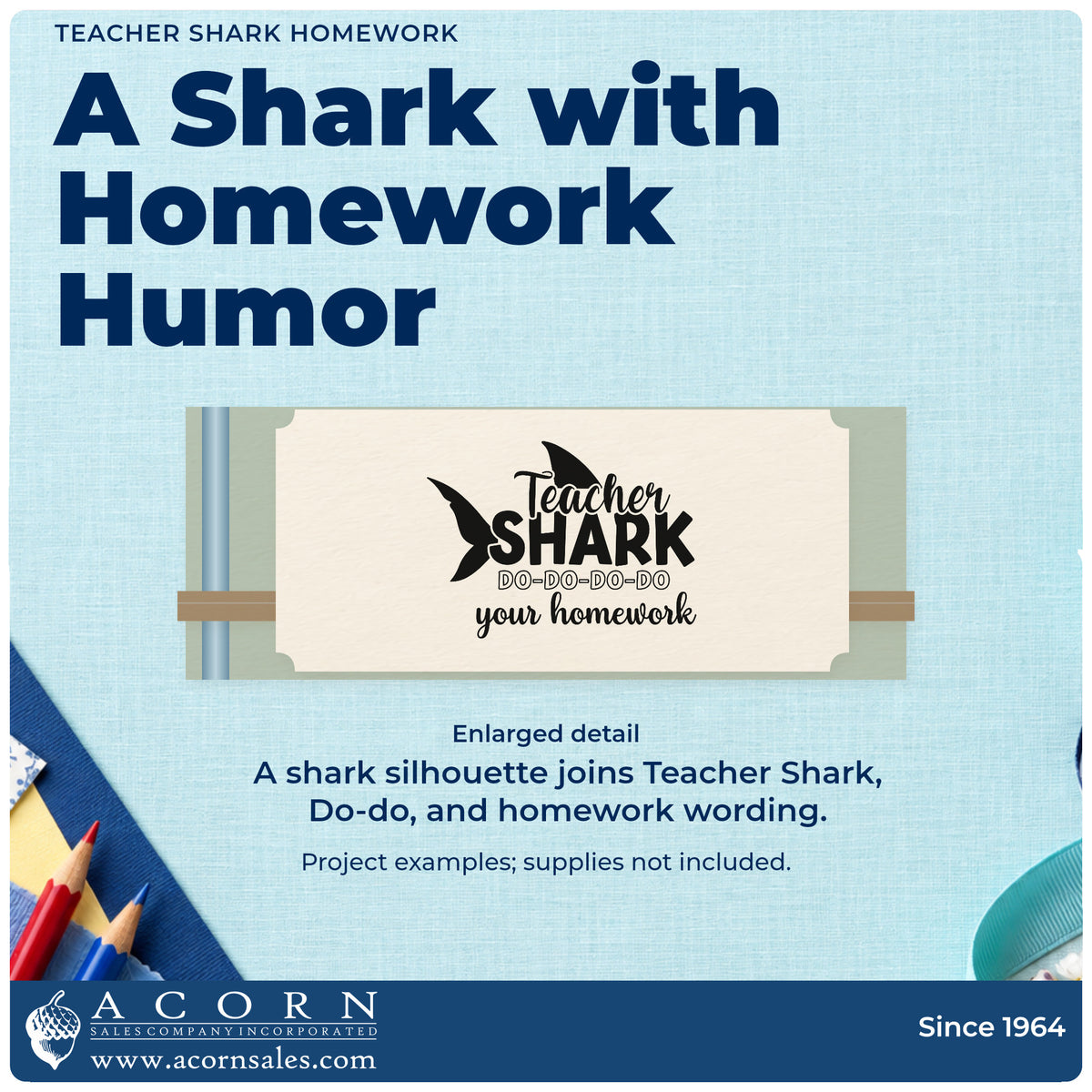 Enlarged detail of the Slim Pre-Inked Teacher Shark Homework Stamp imprint. A shark silhouette accompanies "Teacher shark," repeated "Do-do" text, and "Your homework."