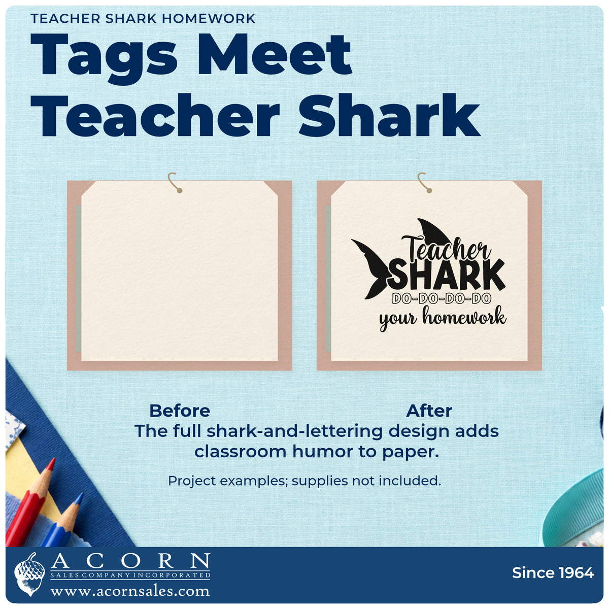 Before and after of a plain item finished with the Teacher Shark Homework Wood Handle Stamp, a quick upgrade for ocean unit seals.