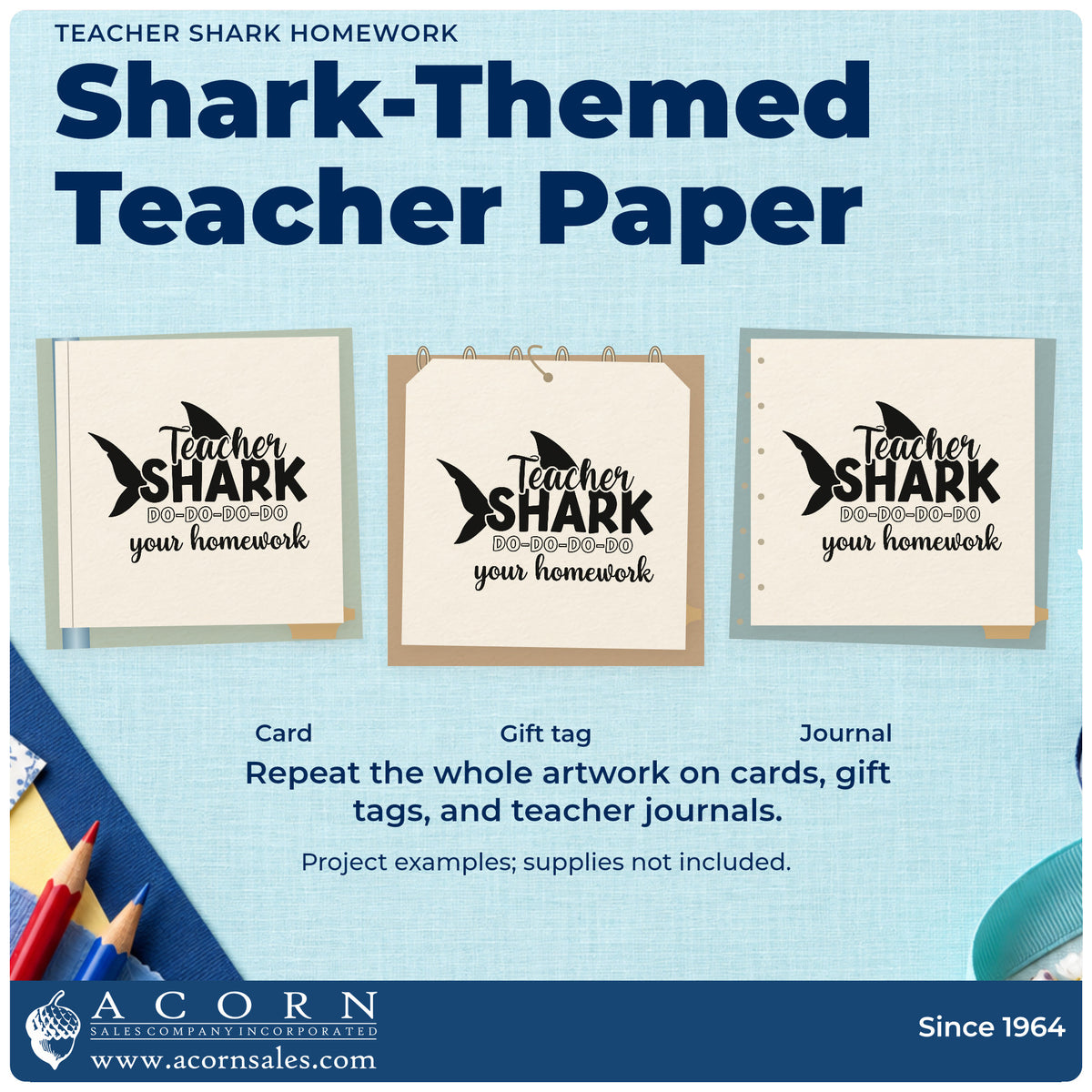Three project examples made with the Teacher Shark Homework Rubber Stamp – Duo Hand, including lunchbox note labels.
