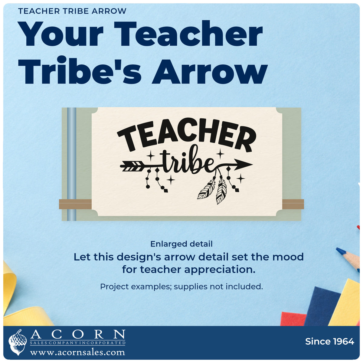 Enlarged detail of the Teacher Tribe Arrow With Cross Premium Wooden Stamp – Vintage Pro imprint. A decorated arrow with hanging feathers crosses beneath "Teacher tribe," with sparkle accents.