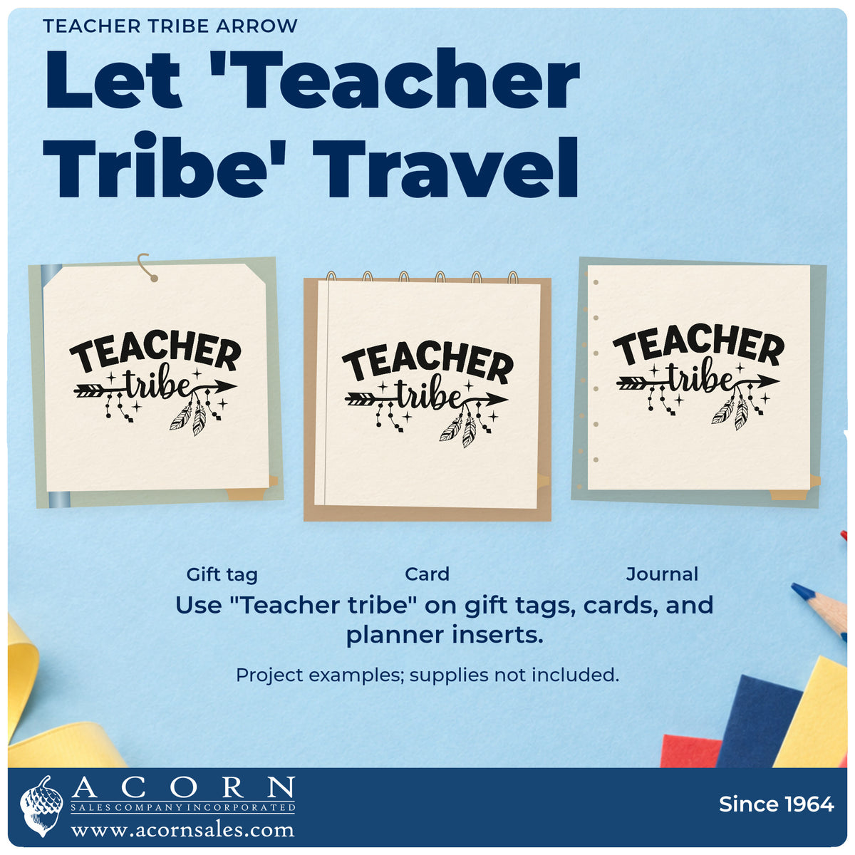 Three project examples made with the Teacher Tribe Arrow With Cross Premium Wooden Stamp – Vintage Pro, including water flask labels.