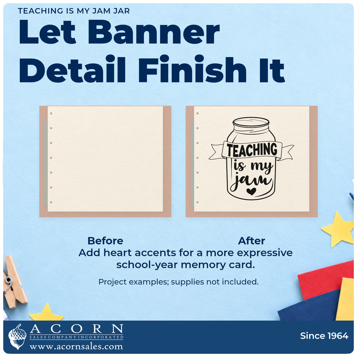 Before and after of a plain item finished with the Teaching Is My Jam Jar Pre-Inked Stamp – PSI, a quick upgrade for ribbon tie seals.