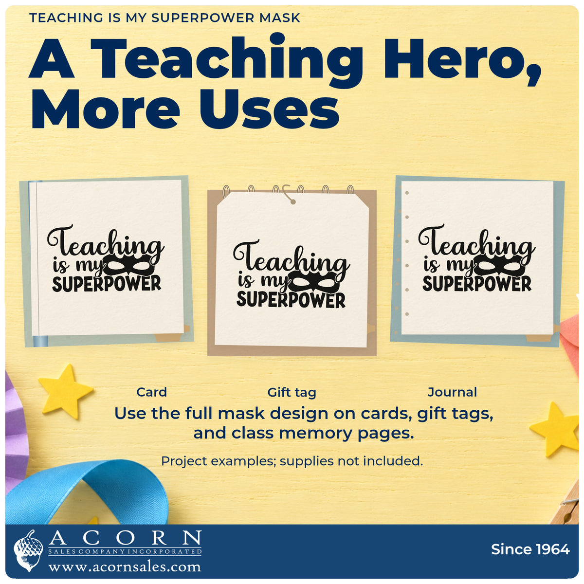 Three project examples made with the Wood Handle Teaching Is My Superpower Mask Superhero Motif Rubber Stamp, including prop crate labels.