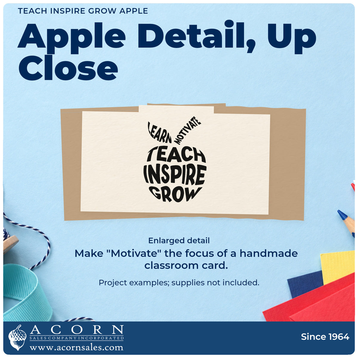 Enlarged detail of the Teach Inspire Grow Apple Stamp – PSI Pre-Inked imprint. The words "Learn," "Motivate," "Teach," "Inspire," and "Grow" form an apple shape.