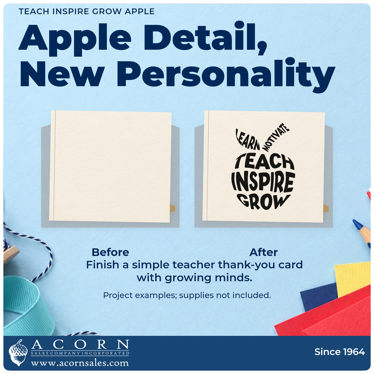Before and after of a plain item finished with the Teach Inspire Grow Apple Stamp – PSI Pre-Inked, a quick upgrade for poster corner seals.