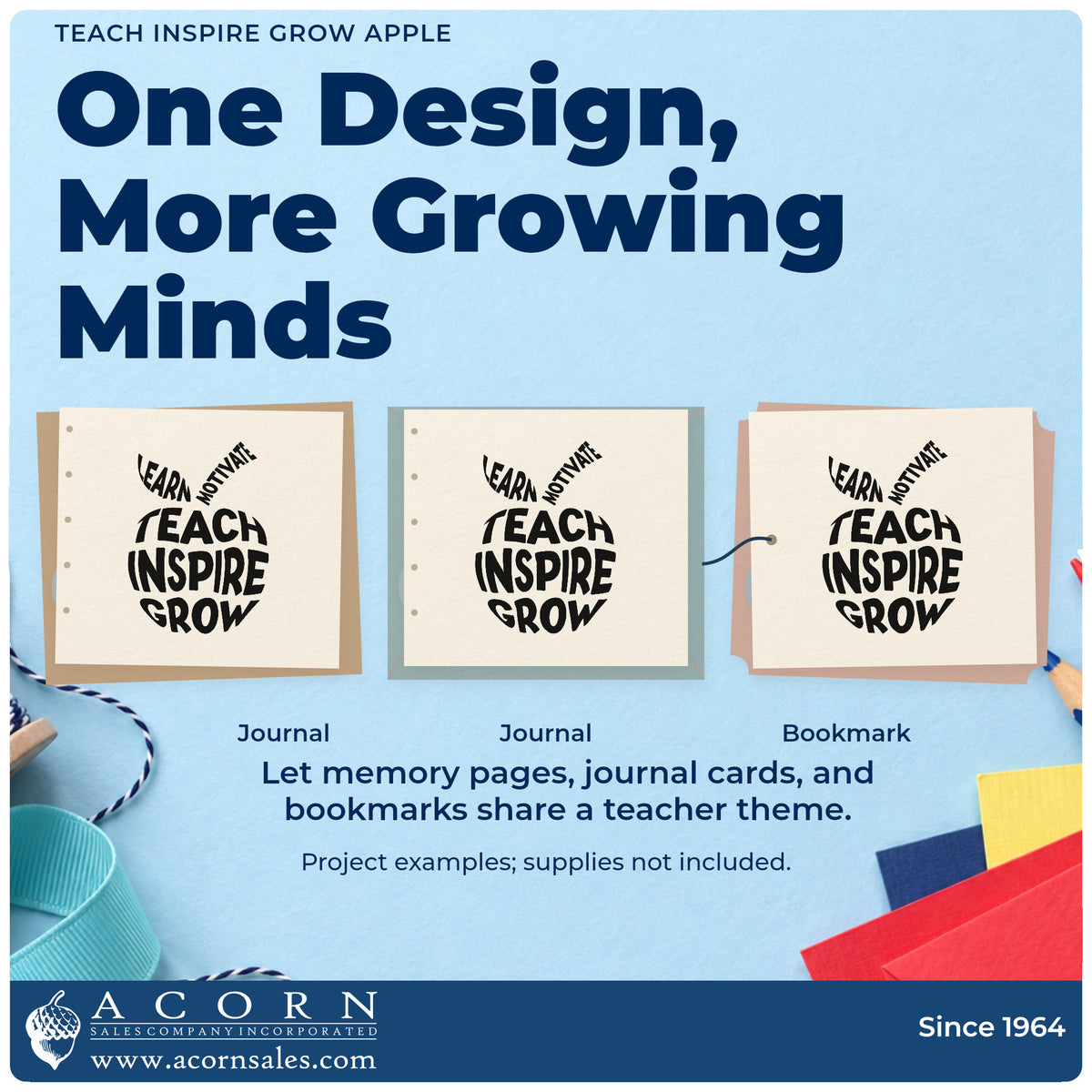 Three project examples made with the Teach Inspire Grow Apple Stamp – PSI Pre-Inked, including spelling tin labels.