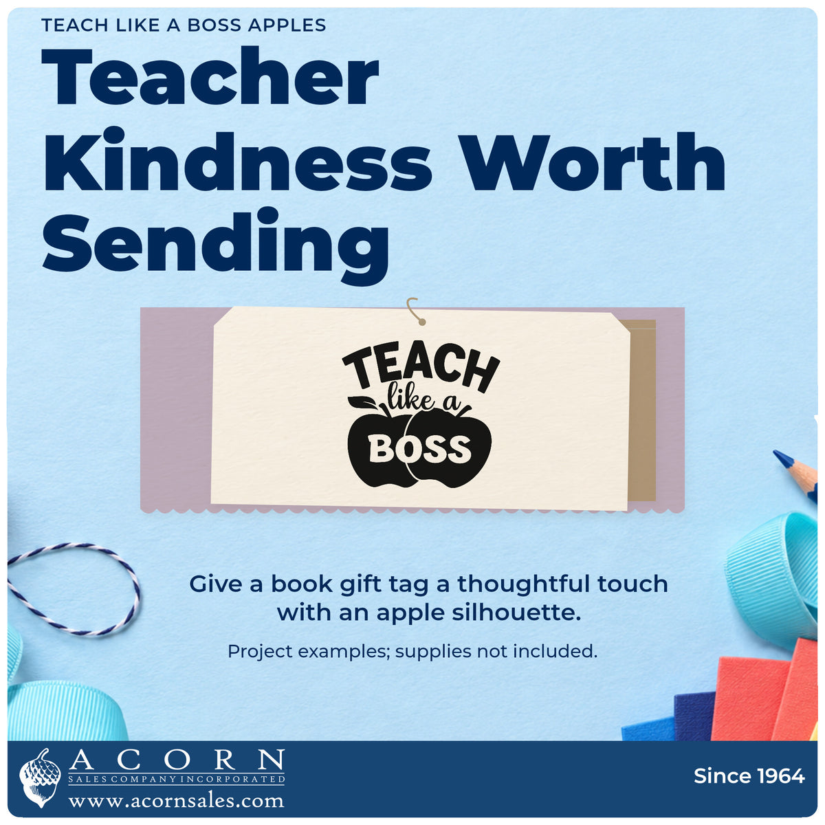 A finished handmade project stamped with the Teach Like A Boss Apples PSI Pre-Inked Stamp, ideal for promotion gift tags.