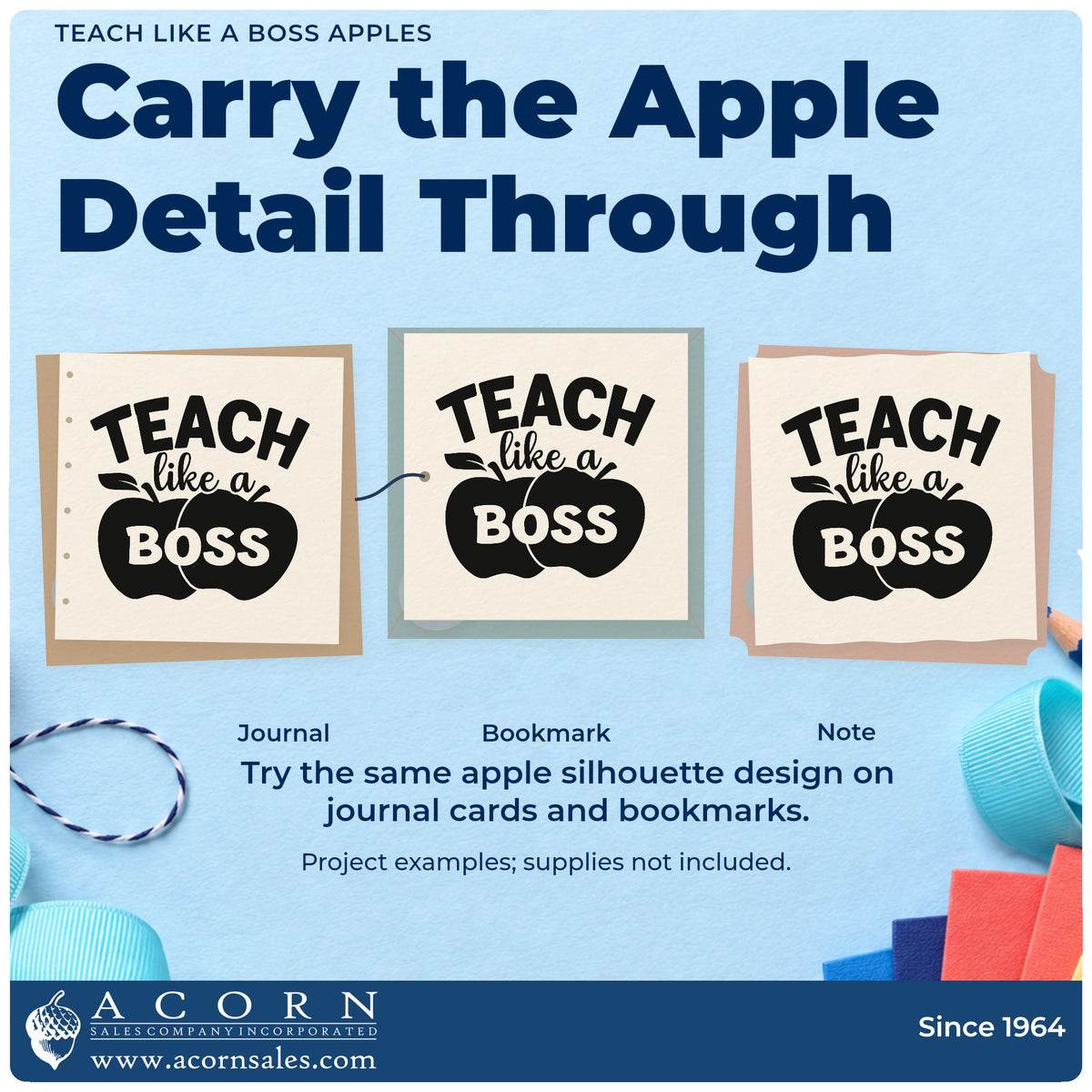 Three project examples made with the Teach Like A Boss Apples PSI Pre-Inked Stamp, including desk tray labels.