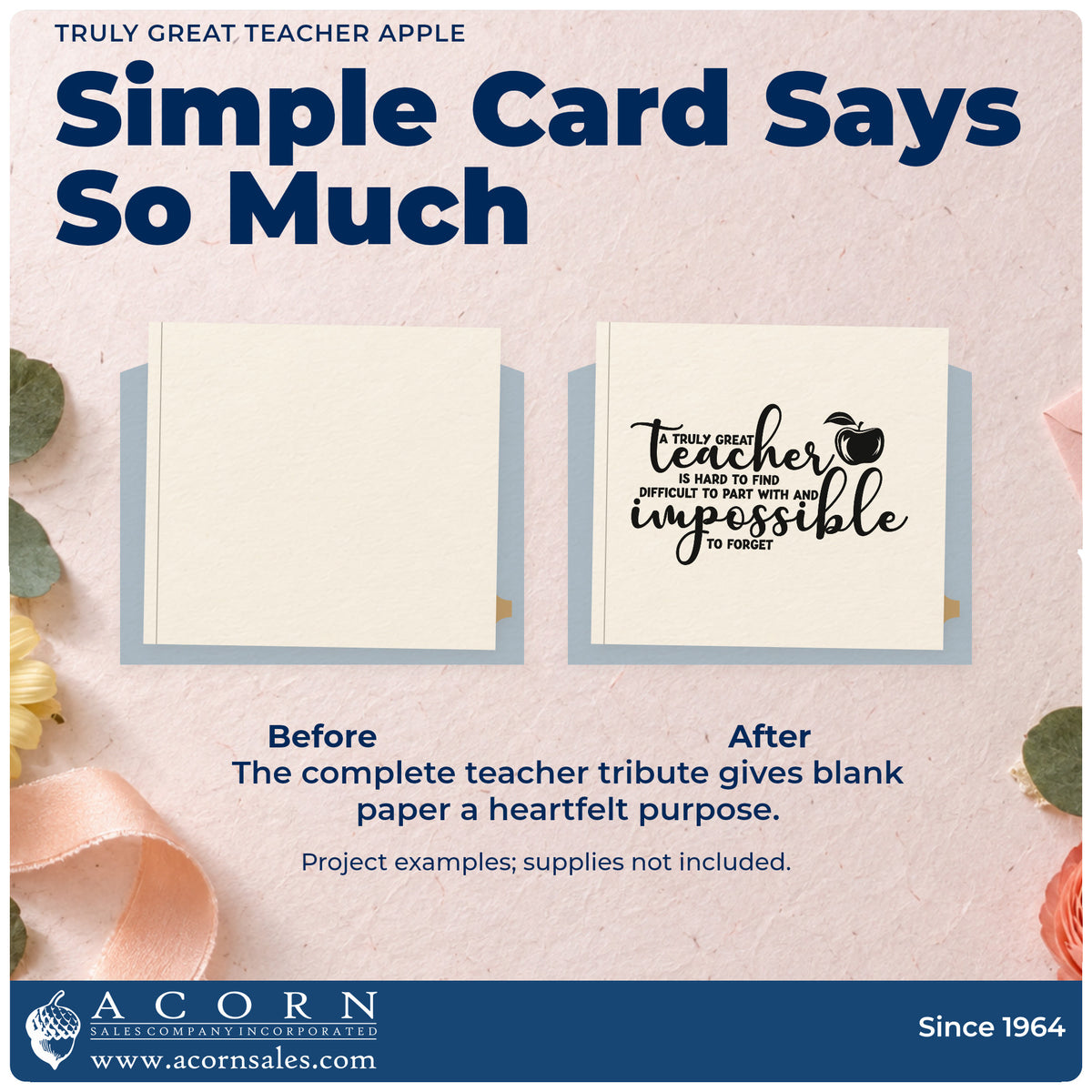 Before and after of a plain item finished with the Truly Great Teacher Apple Tribute Premium Wooden Stamp – Vintage Pro, a quick upgrade for memory box seals.