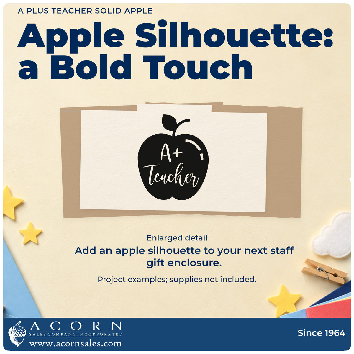 Enlarged detail of the A Plus Teacher Solid Apple Script Lettering Craft Stamp – Self-Inking imprint. Negative-space A+ and "Teacher" script sit inside a solid apple.