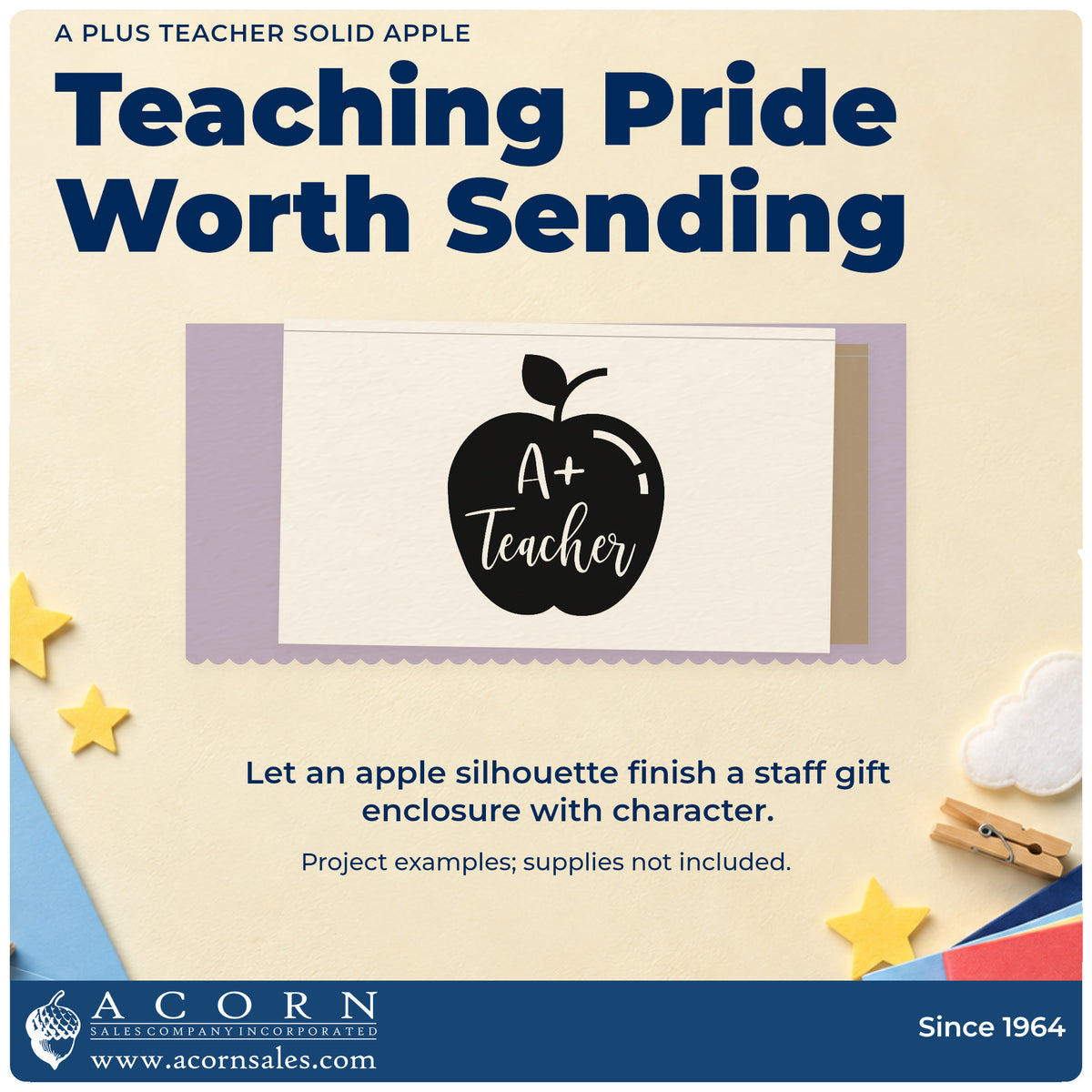 A finished handmade project stamped with the A Plus Teacher Solid Apple Script Lettering Craft Stamp – Self-Inking, ideal for top grade tags.