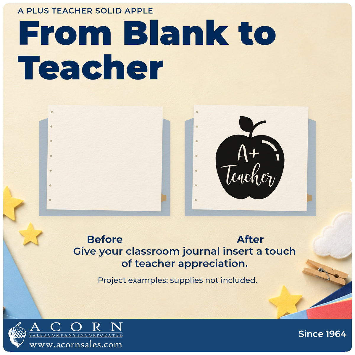 Before and after of a plain item finished with the A Plus Teacher Solid Apple Script Lettering Craft Stamp – Self-Inking, a quick upgrade for results day seals.