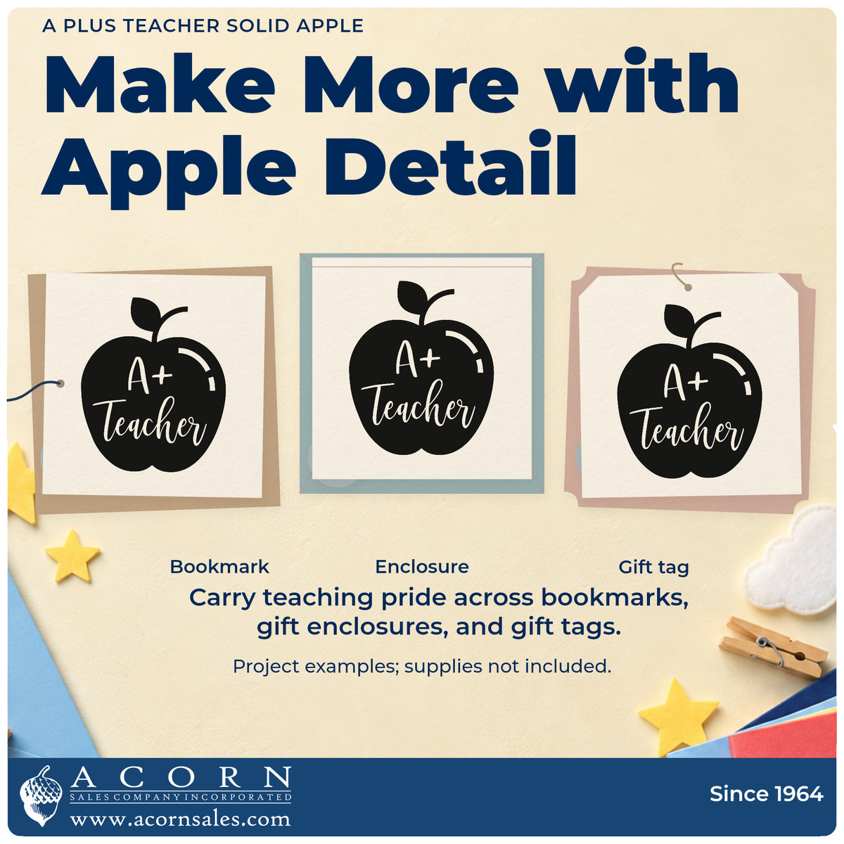 Three project examples made with the A Plus Teacher Solid Apple Script Lettering Hand Stamp – Duo, including revision box labels.