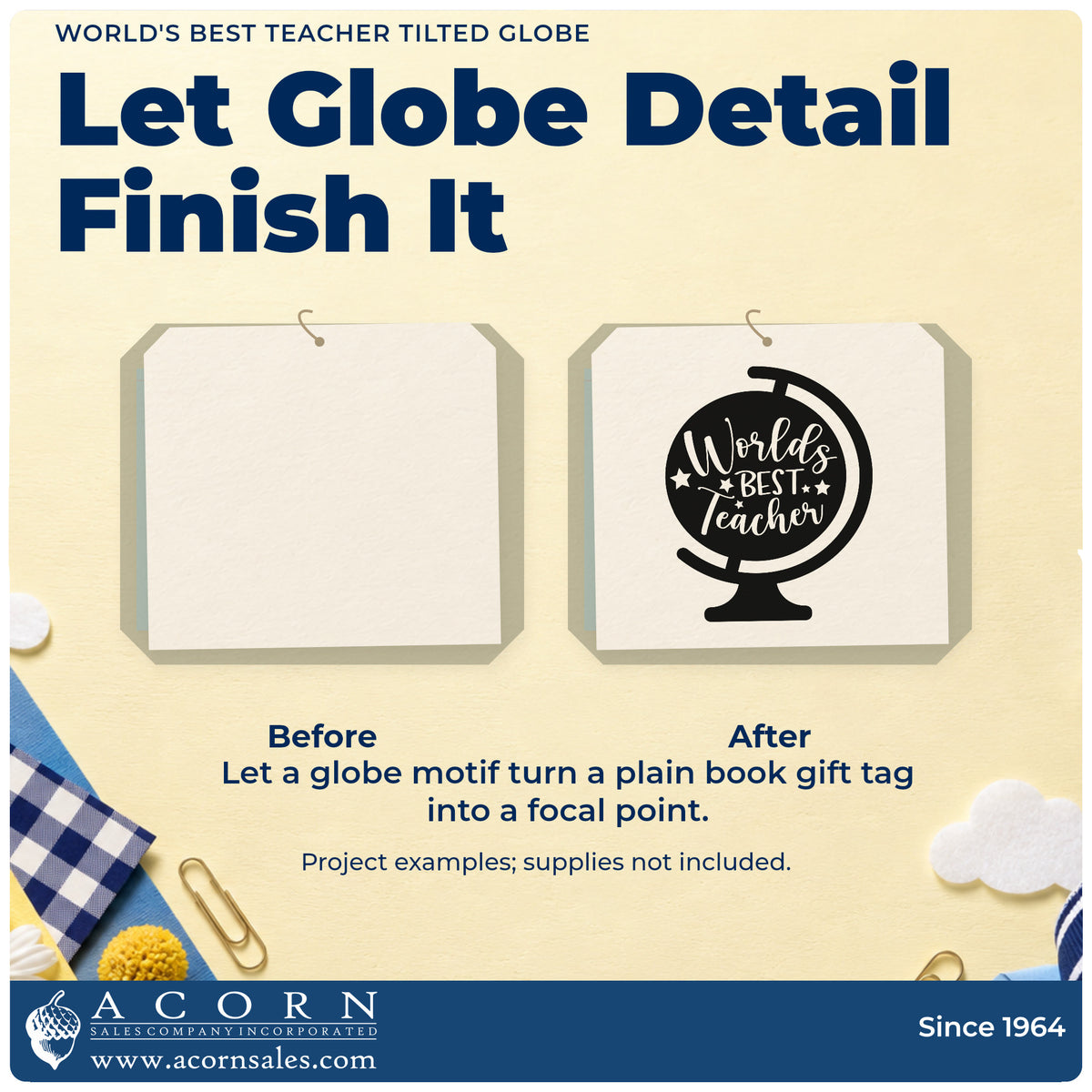 Before and after of a plain item finished with the World's Best Teacher Tilted Globe With Stars Premium Wooden Stamp – Vintage Pro, a quick upgrade for gift wrap seals.