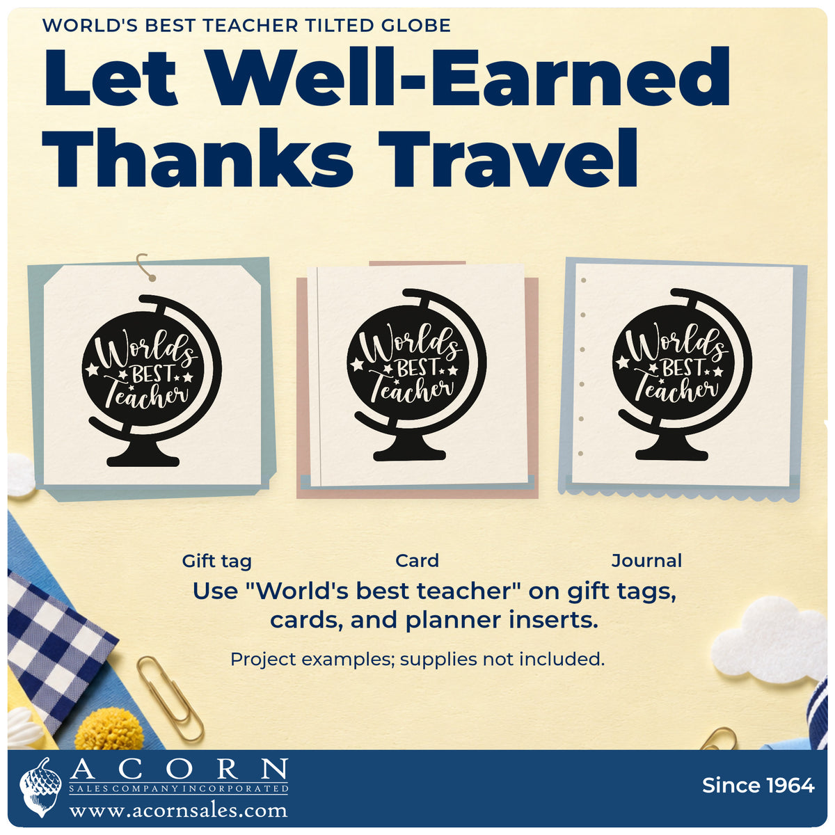 Three project examples made with the World's Best Teacher Tilted Globe With Stars Premium Wooden Stamp – Vintage Pro, including snow globe labels.