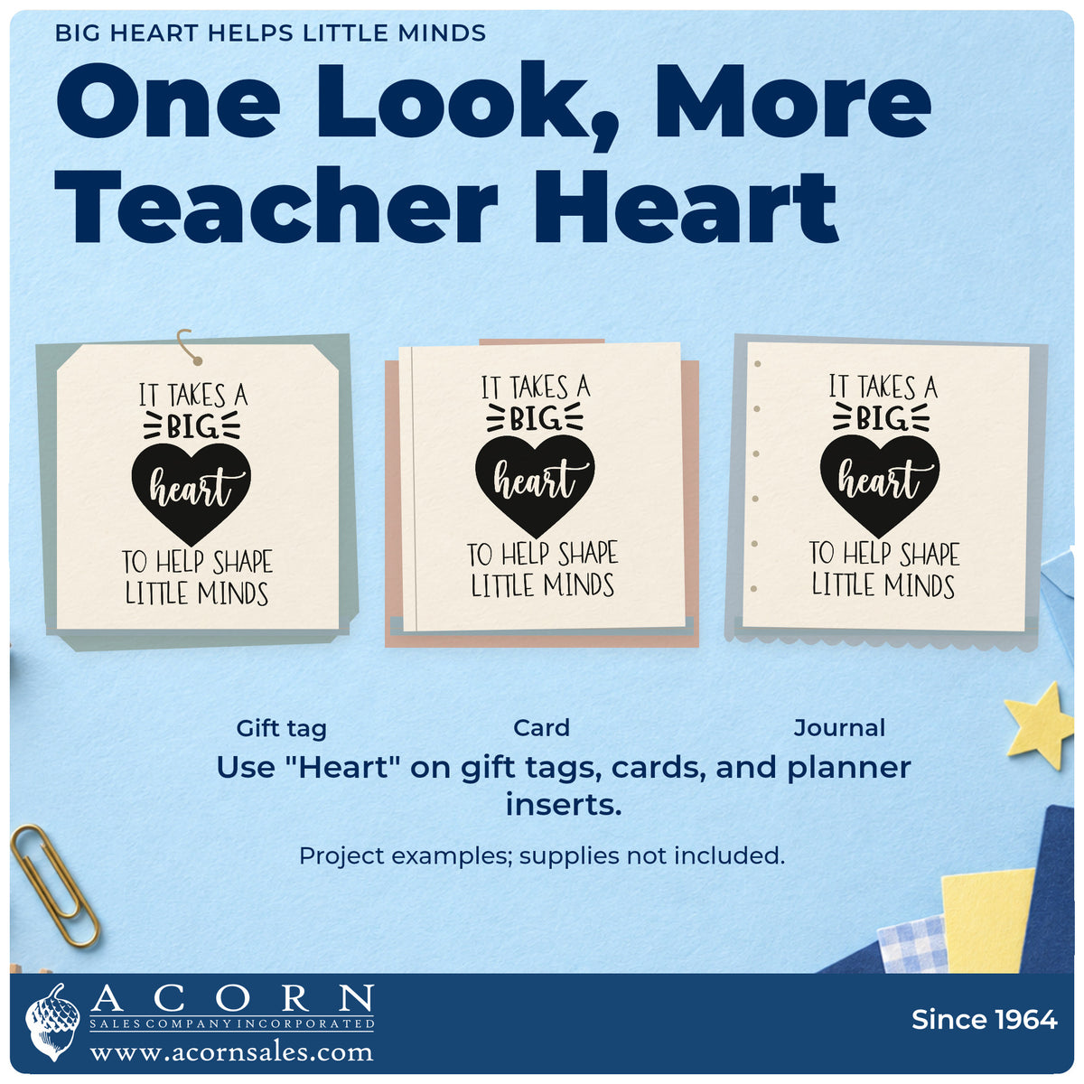 Three project examples made with the Big Heart Helps Little Minds Script Lettering Wood-Mounted Rubber Stamp, including milk bottle labels.