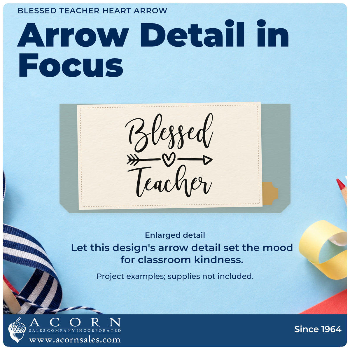Enlarged detail of the Blessed Teacher Heart Arrow Slim Pre-Inked Stamp imprint. A heart-centered horizontal arrow separates large "Blessed" and "Teacher" script.