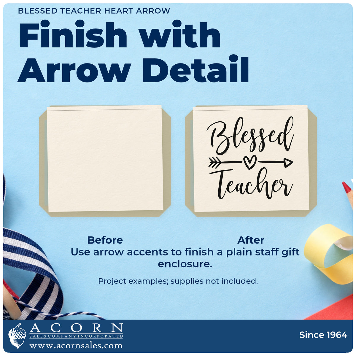 Before and after of a plain item finished with the Blessed Teacher Heart Arrow Premium Wood-Mounted Stamp – Vintage Pro, a quick upgrade for hymn book seals.