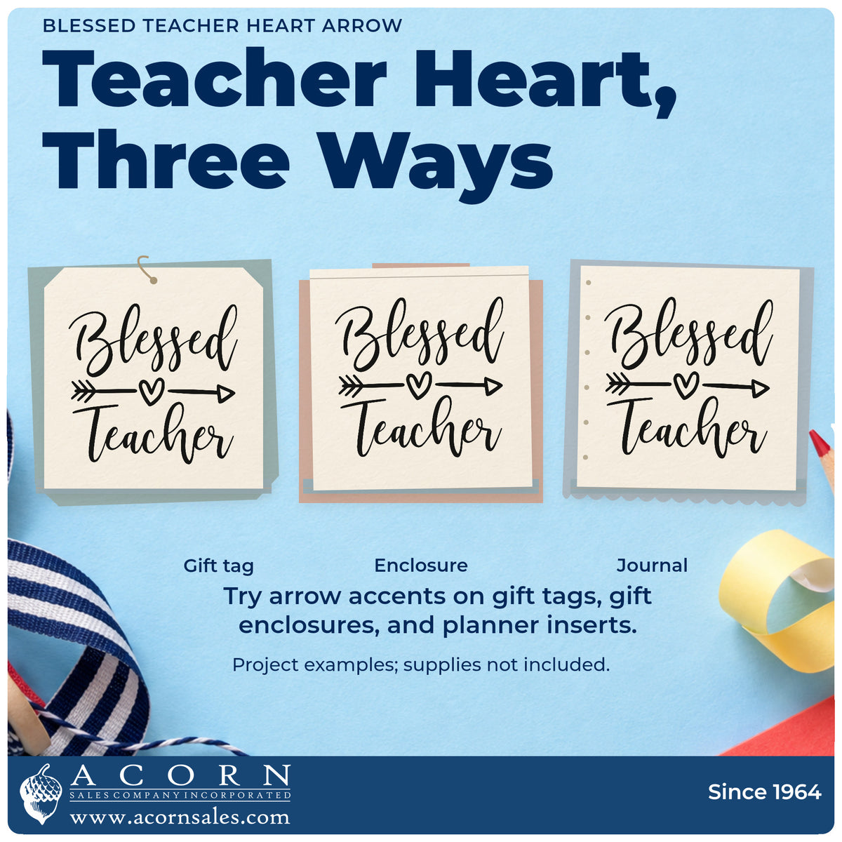 Three project examples made with the Blessed Teacher Heart Arrow Slim Pre-Inked Stamp, including communion cup labels.