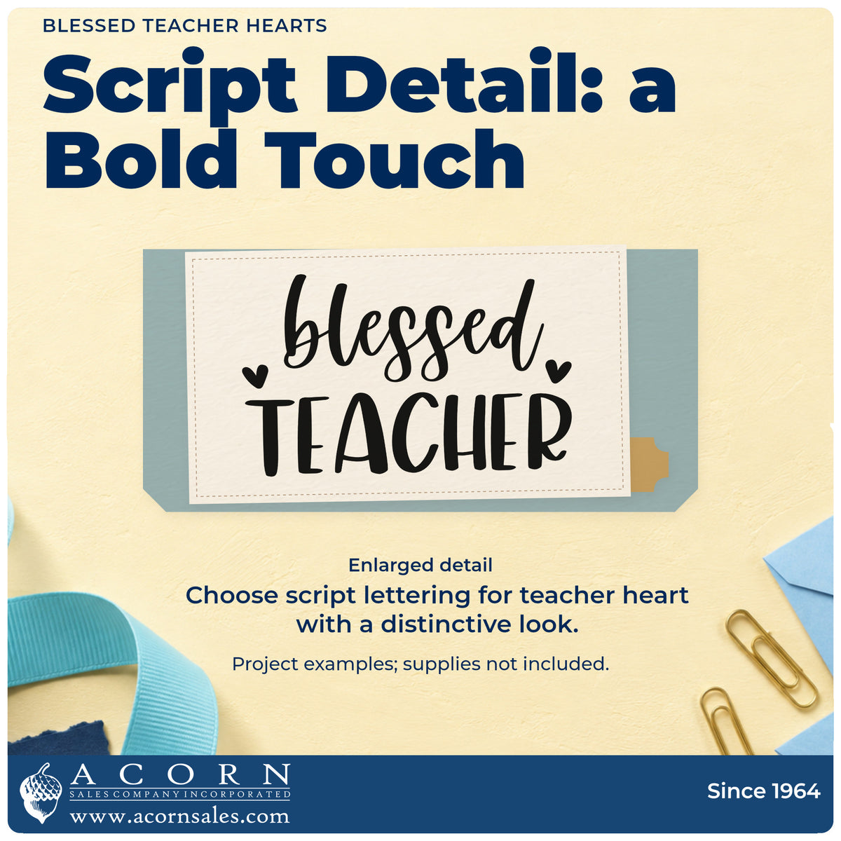 Enlarged detail of the Blessed Teacher Hearts Script Lettering PSI Pre-Inked Stamp imprint. Two small hearts flank "Blessed" script above bold "Teacher."