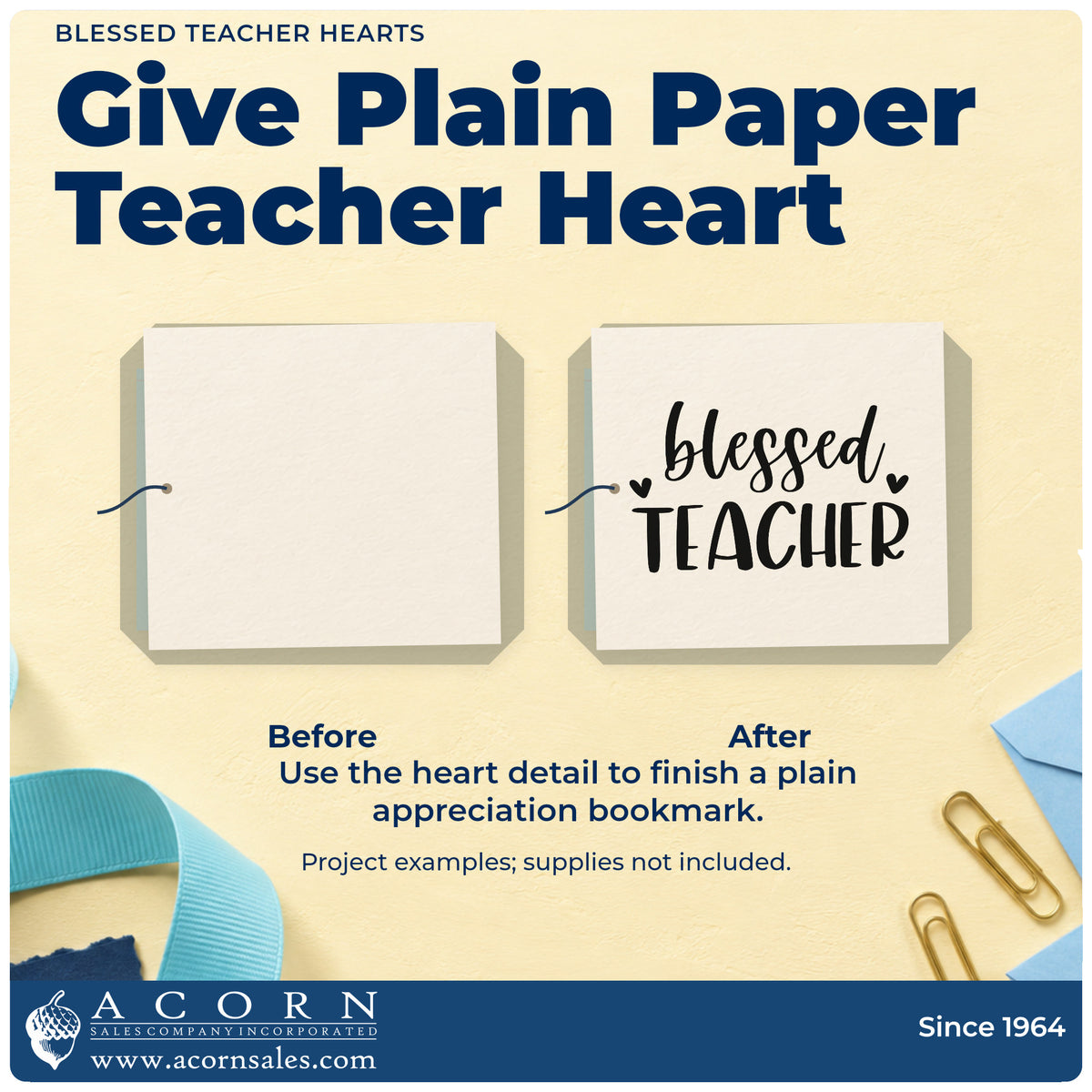Before and after of a plain item finished with the Blessed Teacher Hearts Script Lettering Stamp – Self-Inking, a quick upgrade for envelope flap seals.