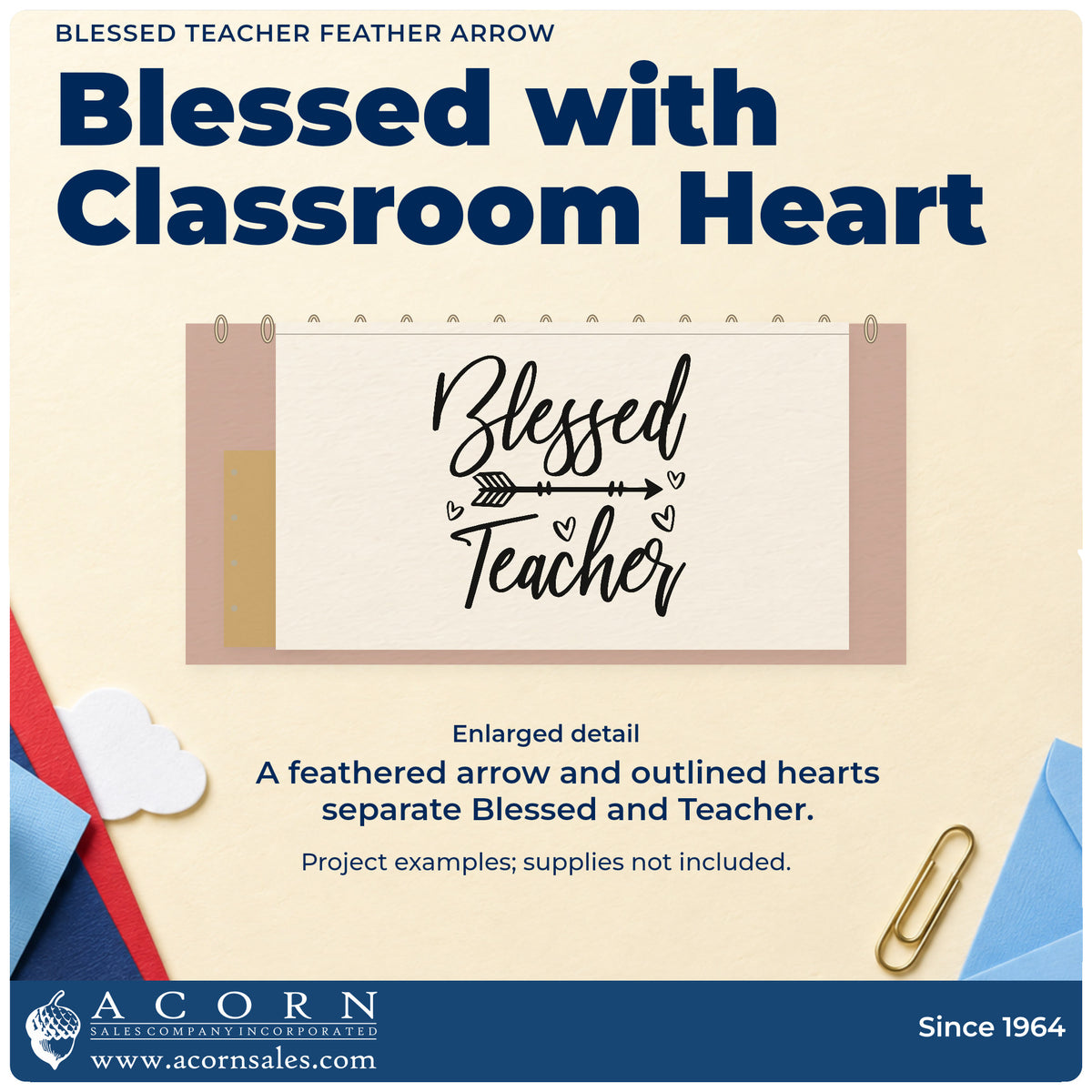 Enlarged detail of the Blessed Teacher Feather Arrow With Hearts Stamp – Premium Vintage Pro Wooden imprint. A feathered arrow and outlined hearts separate "Blessed" and "Teacher" script.