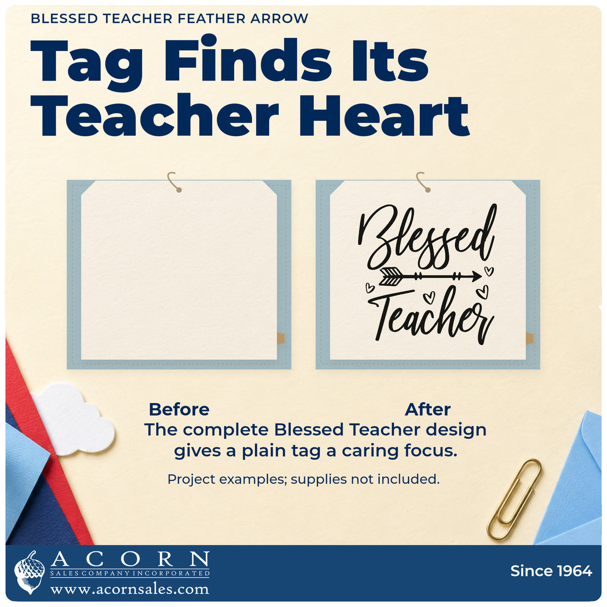 Before and after of a plain item finished with the Blessed Teacher Feather Arrow With Hearts Stamp – Premium Vintage Pro Wooden, a quick upgrade for wax drop seals.