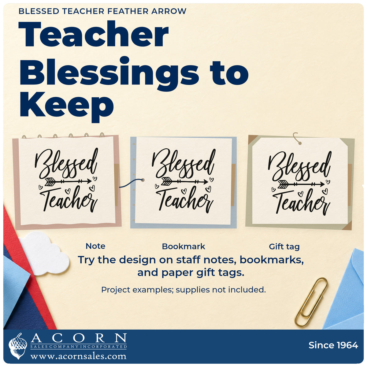Three project examples made with the Blessed Teacher Feather Arrow With Hearts Stamp – Premium Vintage Pro Wooden, including candle vessel labels.