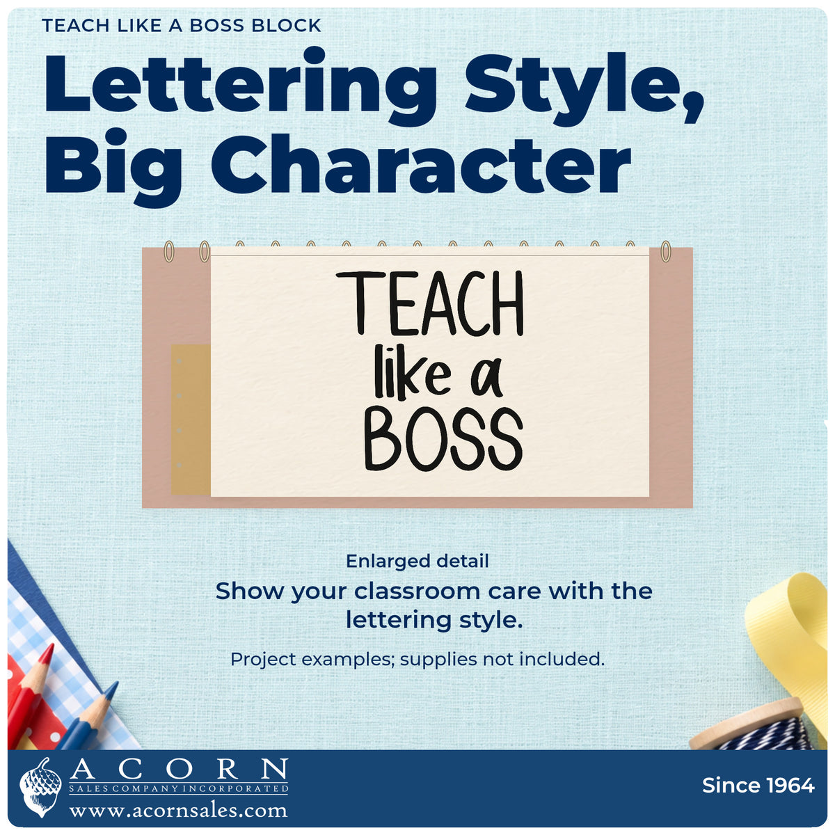 Enlarged detail of the Teach Like A Boss Stacked Lettering Premium Wooden Stamp – Vintage Pro imprint. Three lines of simple mixed-size lettering read "Teach like a boss."