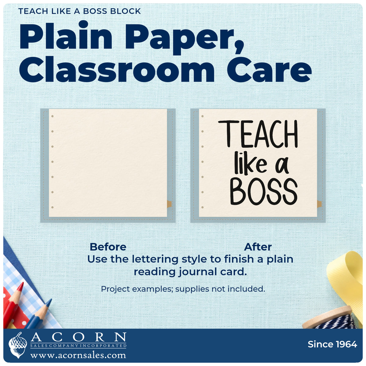Before and after of a plain item finished with the Pre-Inked Teach Like A Boss Stacked Lettering Stamp – PSI, a quick upgrade for kraft band seals.