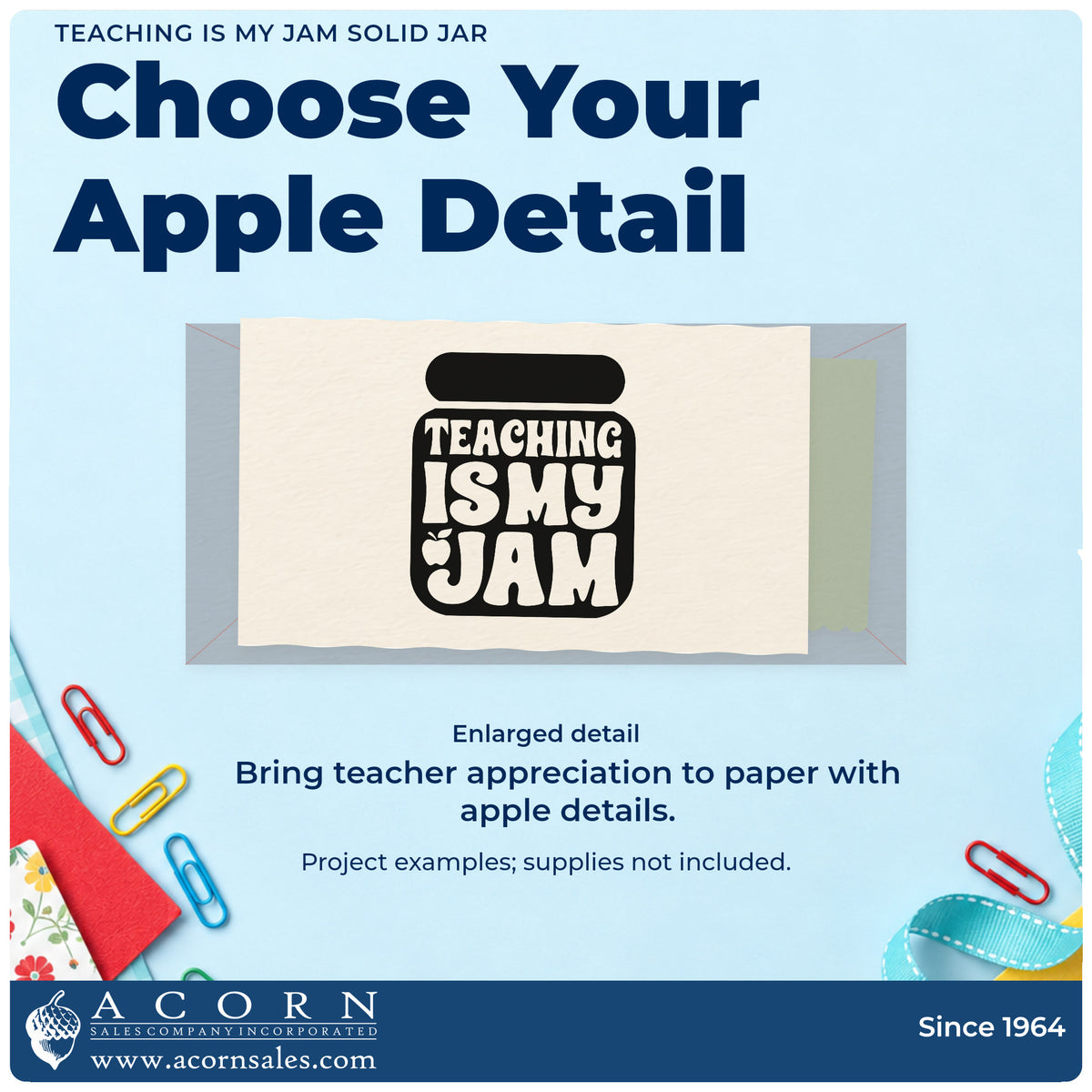 Enlarged detail of the Teaching Is My Jam Solid Jar Apple Stamp – Self-Inking imprint. Negative-space "Teaching is my jam" lettering and a small apple fill a solid jar silhouette.