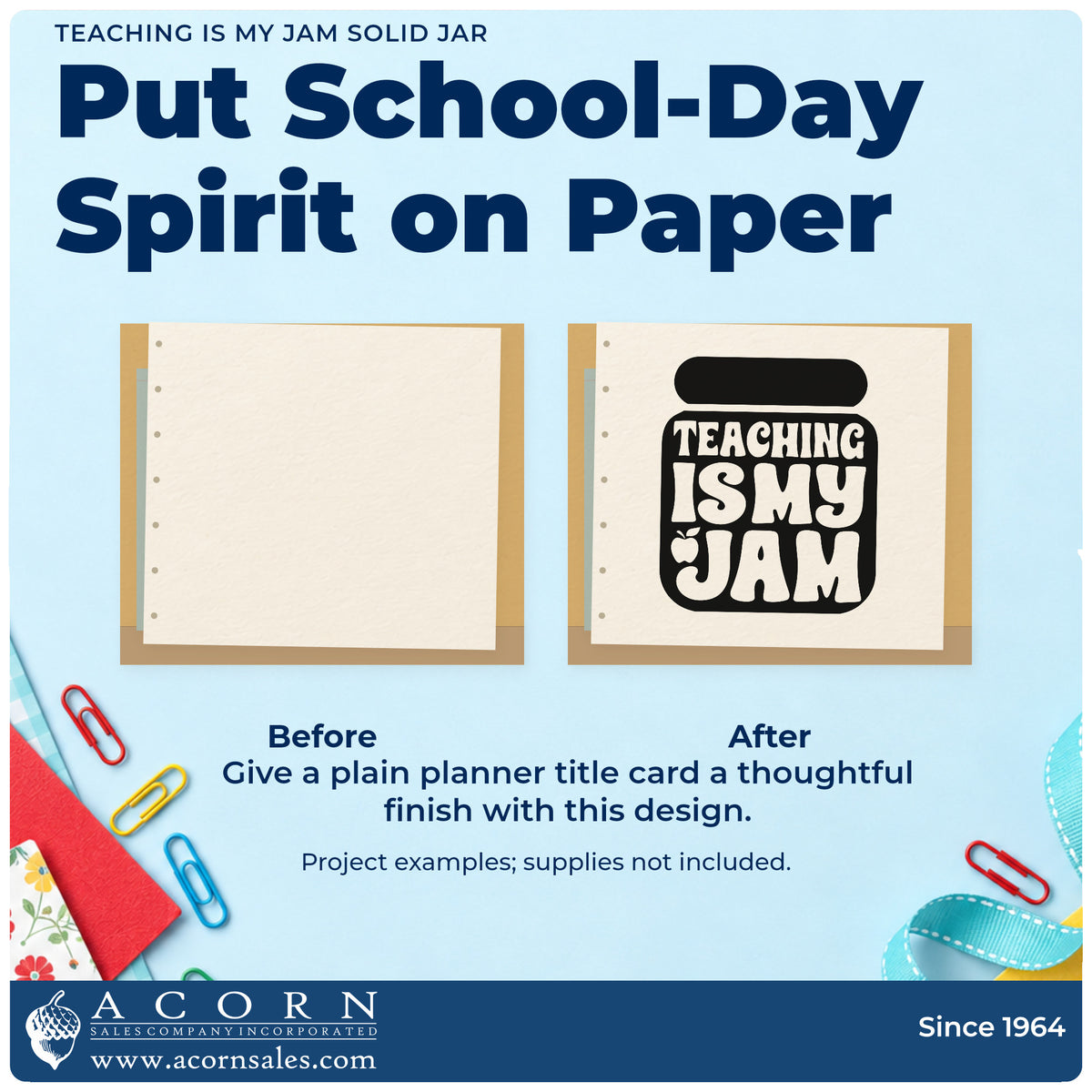 Before and after of a plain item finished with the Teaching Is My Jam Solid Jar Apple Stamp – Self-Inking, a quick upgrade for night market seals.