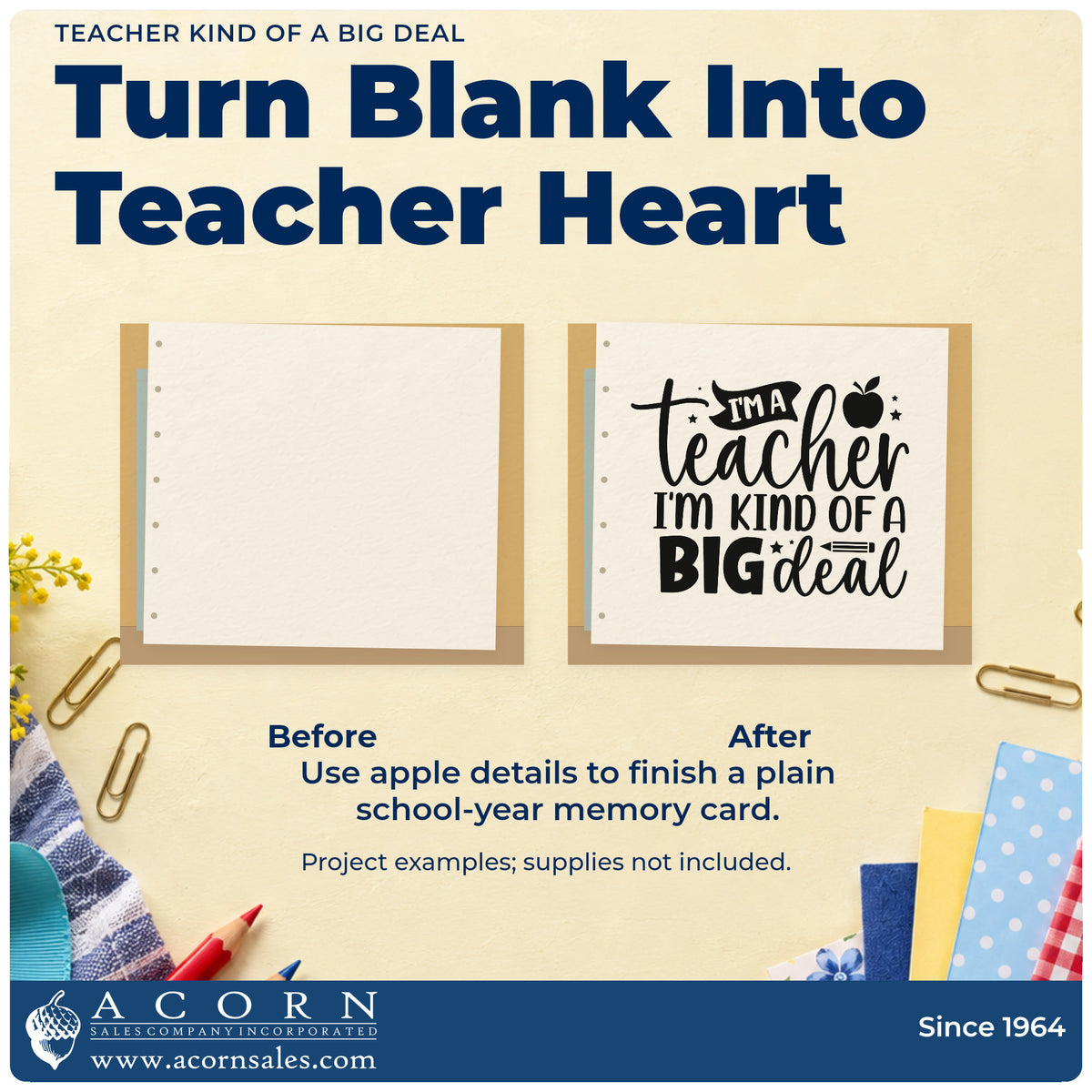 Before and after of a plain item finished with the I'm A Teacher, I'm Kind Of A Big Deal Rubber Stamp – Duo Hand, a quick upgrade for ticket stub seals.