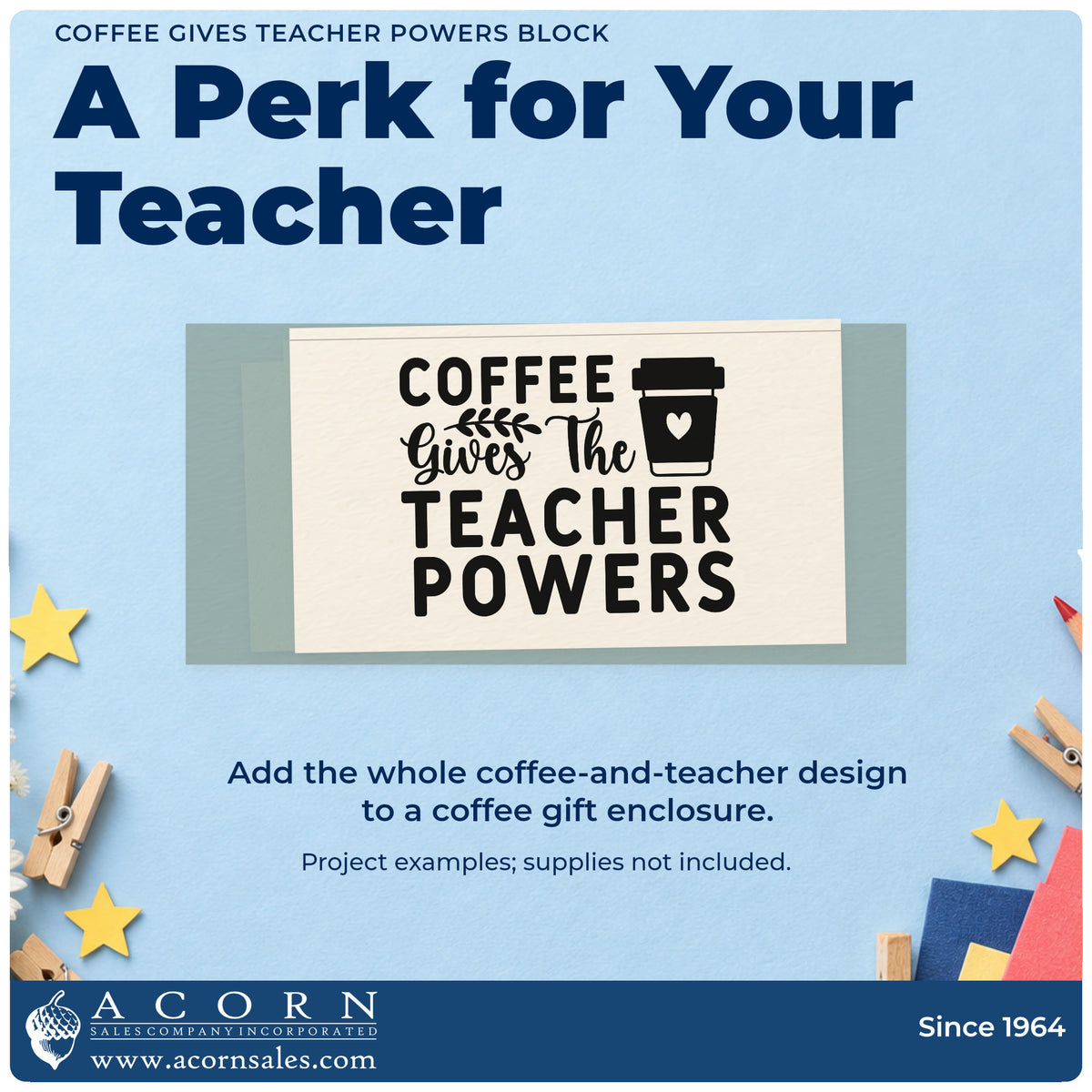A finished handmade project stamped with the Premium Wooden Coffee Gives Teacher Powers Block Stamp – Vintage Pro, ideal for bean gift tags.